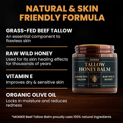 MONIER Beef Tallow and Honey Balm for Skin and Face – Moisturizer with 100% Organic Grass-Fed Beef Tallow & Raw Wild Honey – Natural Formula for Dry & Sensitive Skin – 2oz, Unscented