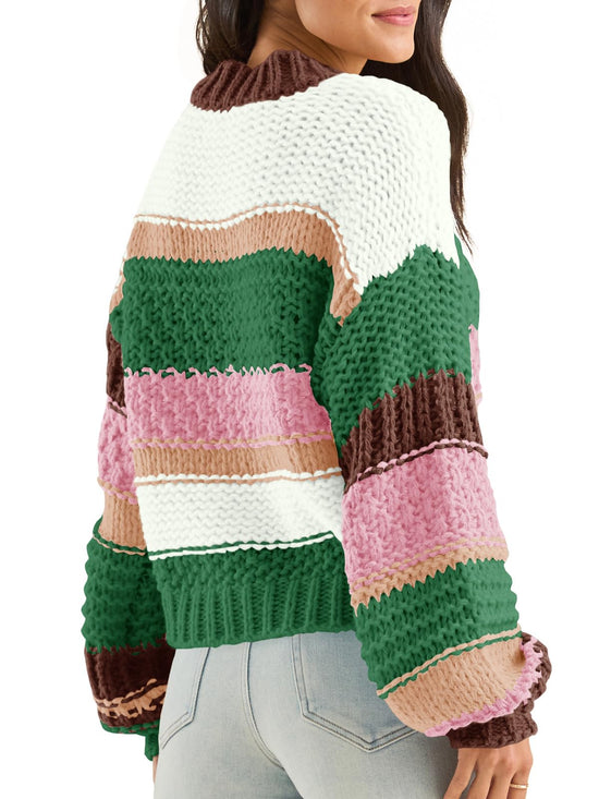 Saodimallsu women's sweater — Color block chunky knit cropped pullover tops