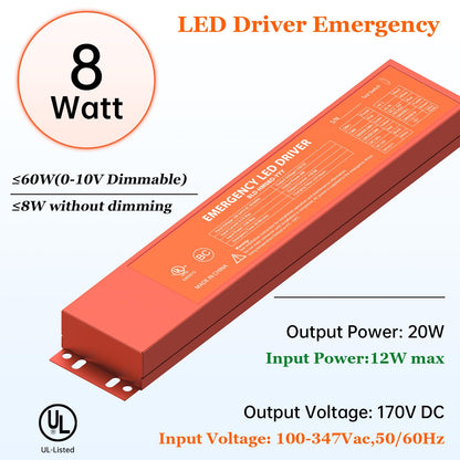 AC100V-347V Emergency LED Driver, Output 170VDC 8W Over 90mins Emergency Time, Retrofit Dimmable LED Light Fixture into Emergency System (UL Certified)