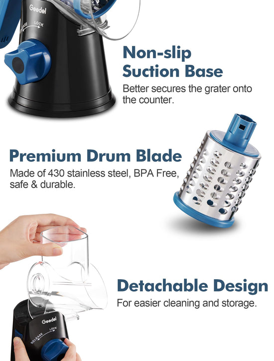 Geedel rotary cheese grater — kitchen mandoline with interchangeable blades