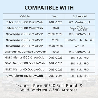 Vehicle seat cover — Custom fit for Chevy Silverado and GMC Sierra CrewCab 2019-2026