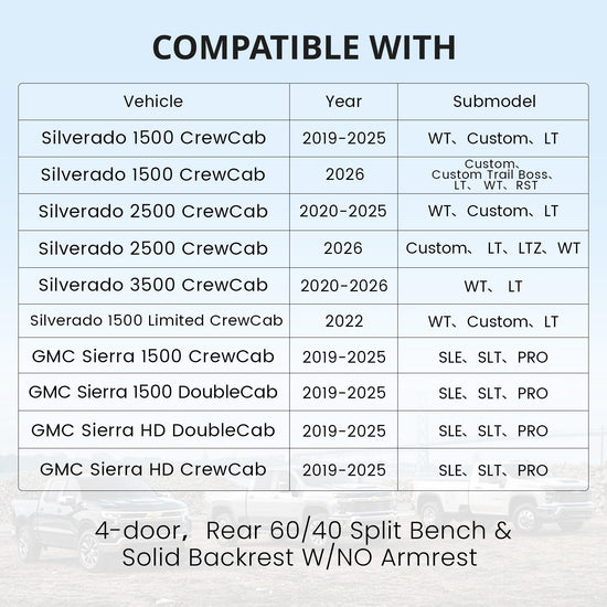 Vehicle seat cover — Custom fit for Chevy Silverado and GMC Sierra CrewCab 2019-2026