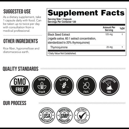 Nutritional supplement — 20% thymoquinone black seed oil extract capsules 60 countNutritional supplement — TQ-Advanced 4X thymoquinone capsules 60 count 100MG or 50MG
