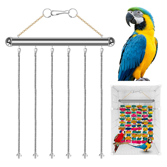Stainless Steel Parrot Toy Hanging Rack, Large Bird Toy Stand with 6 Hanging Cables & Swivel Hooks, Chew Toy Holder for Macaws, Cockatoos, African Greys, Bird Cage Accessory for DIY Toy