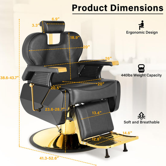 Barber Salon Hair Chair, Hydraulic Rolling 360° Swivel Barber Reclining Chairs for Barbershop, Heavy Duty Hairdresser Chair Beauty Salon Spa Shampoo Styling Equipment, Adjustable Headrest, Black&Gold