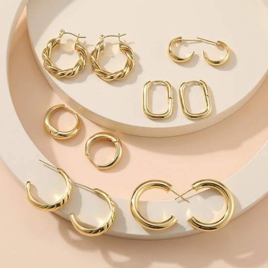 Earring set — 6 pairs of gold plated chunky open twisted hoops