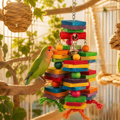 Bird Toys for Parrots, Natural Wood Bird Chewing Toy with Heavy-Duty Stainless Steel Chain for Small to Medium Parrot, Cockatiel, African Grey, Amazon Parrot, Conure Bird Cage Accessories - 1.2 lbs