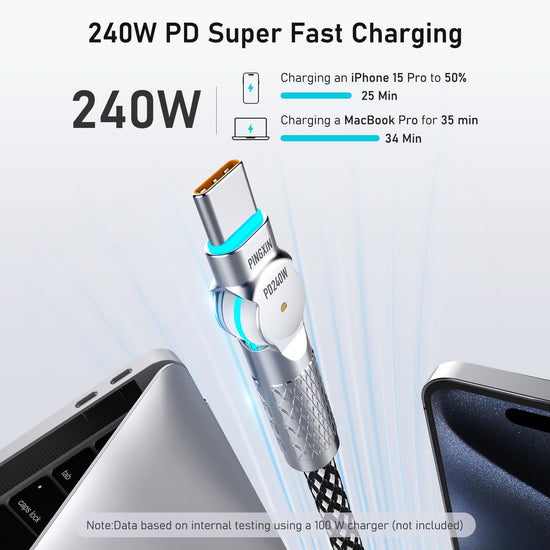 USB C cable - 10FT 240W fast charging with 180° rotating design for iPhone and MacBook