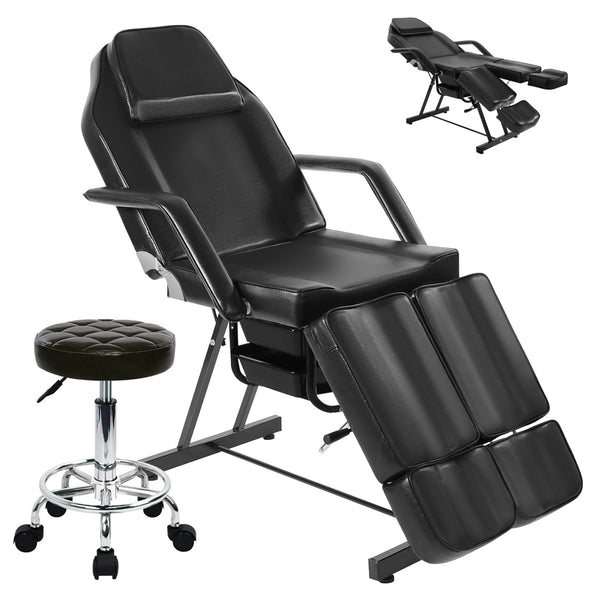 KIIUMI Tattoo Chair for Client, Facial Bed Esthetician Massage Headrest Table with Rolling Stool, Split Legs Design, Professional Beauty Lash Bed for Salon Spa Barber Massage Equipment, Black