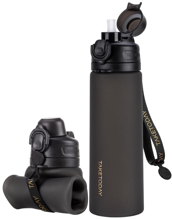 TakeToday collapsible water bottle — foldable silicone design with straw and strap