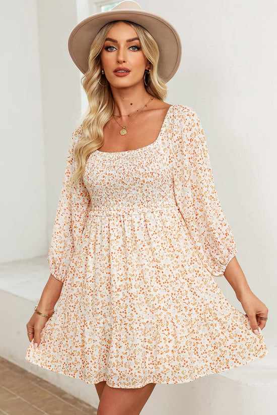 Dokotoo dress — boho floral square neck smocked mini dress