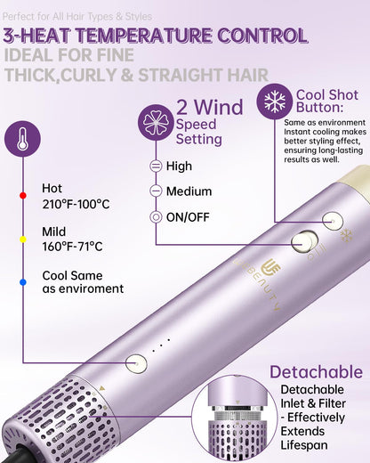 Hair Dryer Brush 8-in-1 Dual Voltage Hot Air Styler – Fast-Drying 110,000 RPM Ionic Blow Dryer with Straightener & Curler Attachments, Frizz-Free Volumizing Styler with Protective Hard Case-Purple