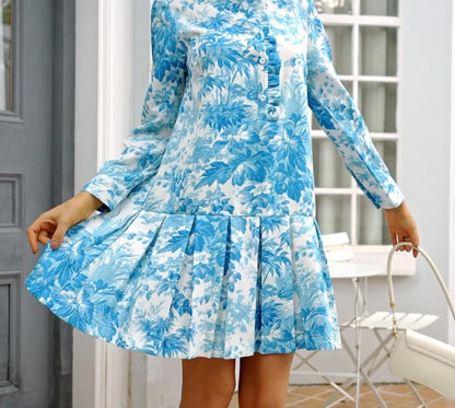 EZAPINE dress — floral mini with long sleeves and stand collar