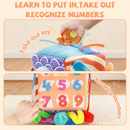 SAIMAND Baby Toys 6-12 Months–Mystery Soft Box with 5 Plush Marine Animals,Rattle,Crinkle Paper & Mirror–Montessori Sensory Toys for 6 Month Old Babies 1-3 Year Old Boy Girl Birthday