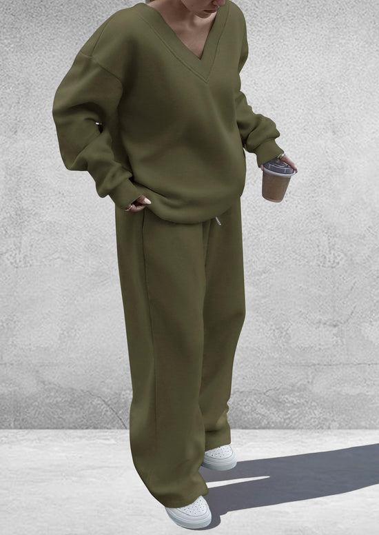 PRETTYGARDEN coordinated outfit — casual winter two piece set with v neck sweatshirt and wide leg pants