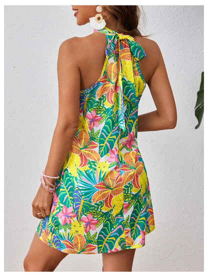 Floerns dress — sleeveless floral print halter neck A line short style