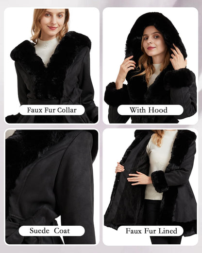 GRAN ORIENTE suede coat with faux fur collar and belt for women