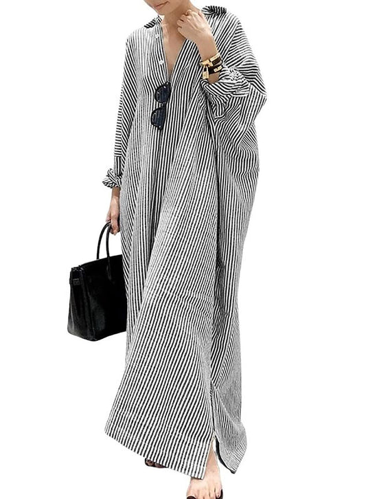 utcoco women's striped maxi shirt dress - casual loose button down style