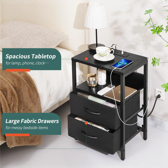 Yoobure nightstand with charging station - LED design with fabric drawers and USB ports