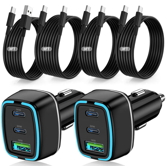 QZVOO 75W USB C Car Charger, 3-Port Super Fast Charging PD 3.0 & QC 3.0 Cigarette Lighter Adapter for iPhone 17/16/15 Pro Max, Samsung Galaxy S26/S25/S24 Ultra, with 4Pack 3FT+6.6FT Type C Cable