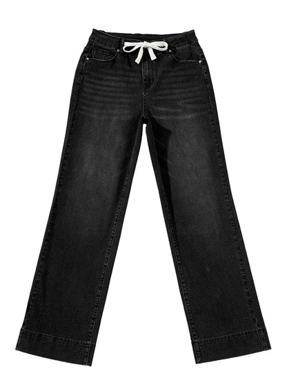 PANTS — High waisted wide leg denim with drawstring
