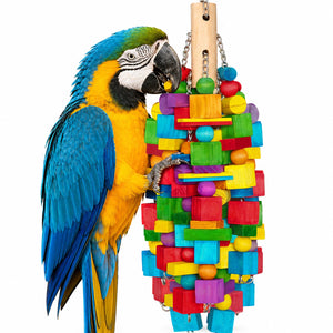 Zephyriel bird toy — natural wood blocks with stainless steel chain for large parrots