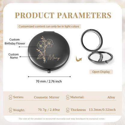 Ahgmeside Personalized Compact Mirror for Women - Pocket Mirror for Women,Custom Birthflower Travel Makeup Mirror for Wife, Mom, Bridesmaid Gifts for Daughter Friend (Black)
