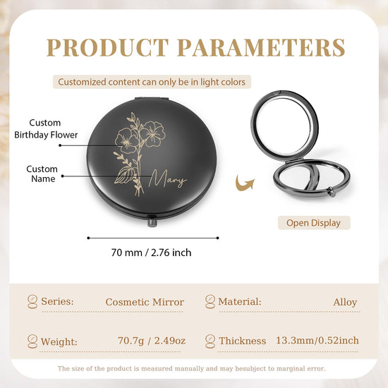 Ahgmeside Personalized Compact Mirror for Women - Pocket Mirror for Women,Custom Birthflower Travel Makeup Mirror for Wife, Mom, Bridesmaid Gifts for Daughter Friend (Black)