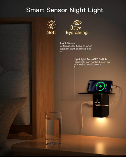 Power strip — Wall outlet extender with shelf and night light, USB charging ports