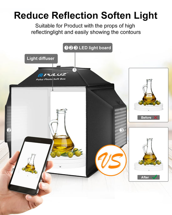 Camera stage lighting modifier — PULUZ portable photo studio with dimmable LEDs and backdrops 16x16 inch