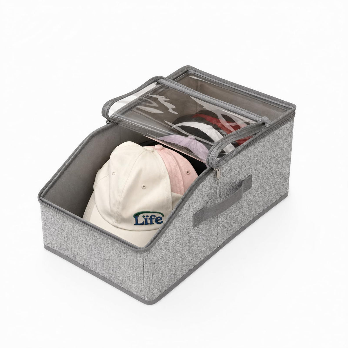 ZJKCXZEPNOV Hat Organizer for Baseball Caps, Clear Window Storage Container Holds Up to 12 Caps, Grey Closet Hat Holder Box for Home & Bedroom Organization