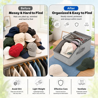 ZJKCXZEPNOV Hat Organizer for Baseball Caps, Clear Window Storage Container Holds Up to 12 Caps, Grey Closet Hat Holder Box for Home & Bedroom Organization