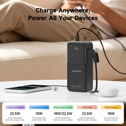 HENGKU Power Bank 30000mAh Portable Built-in Cable 22.5w Fast Charge
