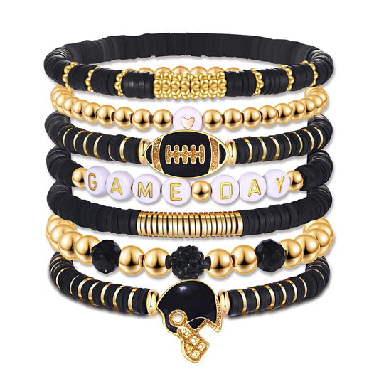 Bracelet — Heishi clay beaded stretch with sports charms for game day