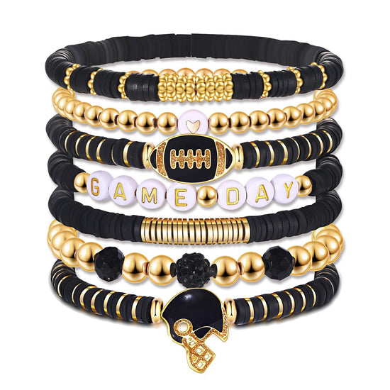 Bracelet — Heishi clay beaded stretch with sports charms for game day