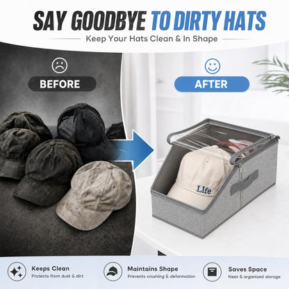 ZJKCXZEPNOV Hat Organizer for Baseball Caps, Clear Window Storage Container Holds Up to 12 Caps, Grey Closet Hat Holder Box for Home & Bedroom Organization