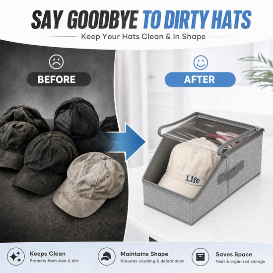 ZJKCXZEPNOV Hat Organizer for Baseball Caps, Clear Window Storage Container Holds Up to 12 Caps, Grey Closet Hat Holder Box for Home & Bedroom Organization