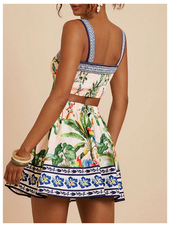 Floerns coordinated outfit with tropical crop cami top and summer skirt set