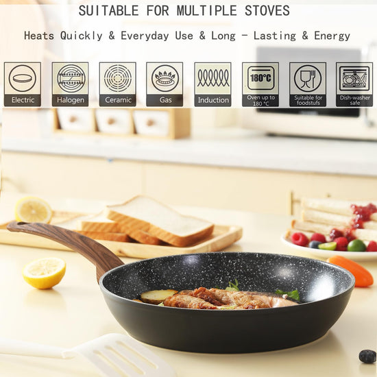 Vkoocy cookware set — Nonstick induction with granite stone finish and wood handle