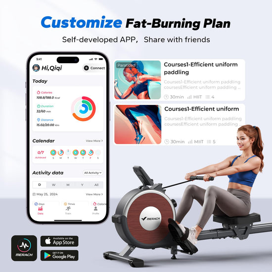 Merach rowing machine — magnetic resistance with dual slide rail and app compatibility