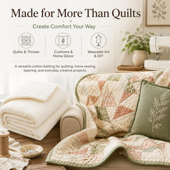 Pin Forest Natural Cotton Quilt Batting, 71"x79" Mid-Weight (200 g/m²) Cotton Batting for Quilting All - Season, 100% Pure, Breathable & Soft - Ideal for Quilting, Sewing, Wearable Art & DIY