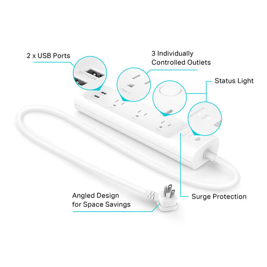 Kasa smart plug power strip - 3 smart outlets and 2 USB ports, works with Alexa and Google Home.