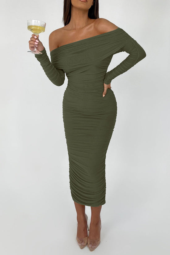 Dress — Off the shoulder maxi dress with ruched fitted bodycon design and slit
