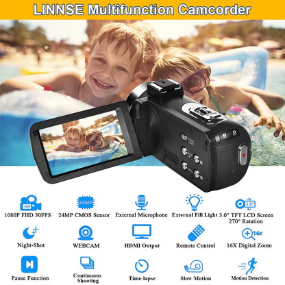 Camcorder — Full HD 1080P with night vision and 16X zoom capabilities.