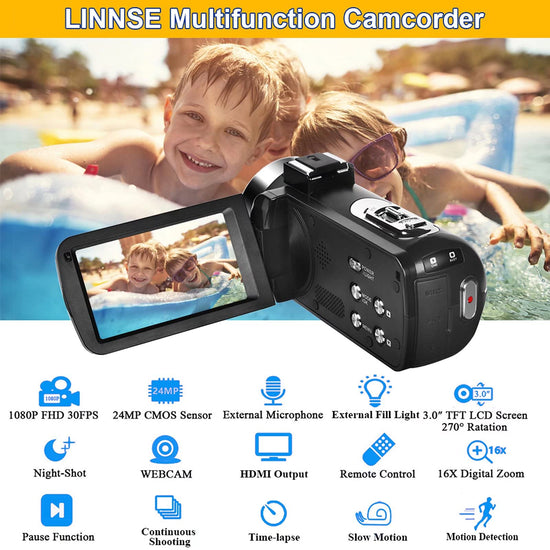 Camcorder — Full HD 1080P with night vision and 16X zoom capabilities.