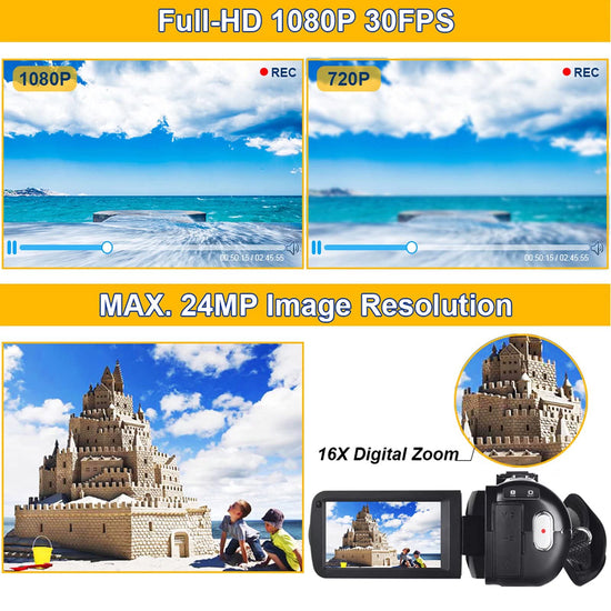 Camcorder — Full HD 1080P with night vision and 16X zoom capabilities.