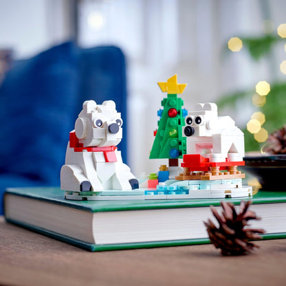LEGO building blocks — wintertime polar bears with Christmas tree and two toys