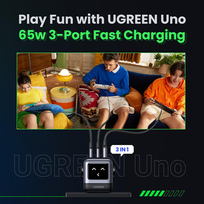 UGREEN charging adapter — 65W GaN compact design with 3 ports for fast charging