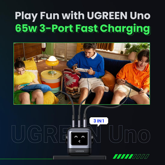 UGREEN charging adapter — 65W GaN compact design with 3 ports for fast charging