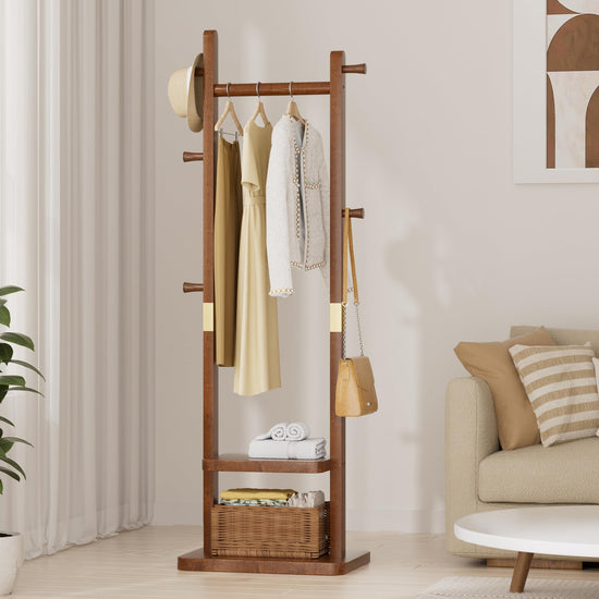 Taitiy clothes rack — freestanding design with shelves and hooks for storage